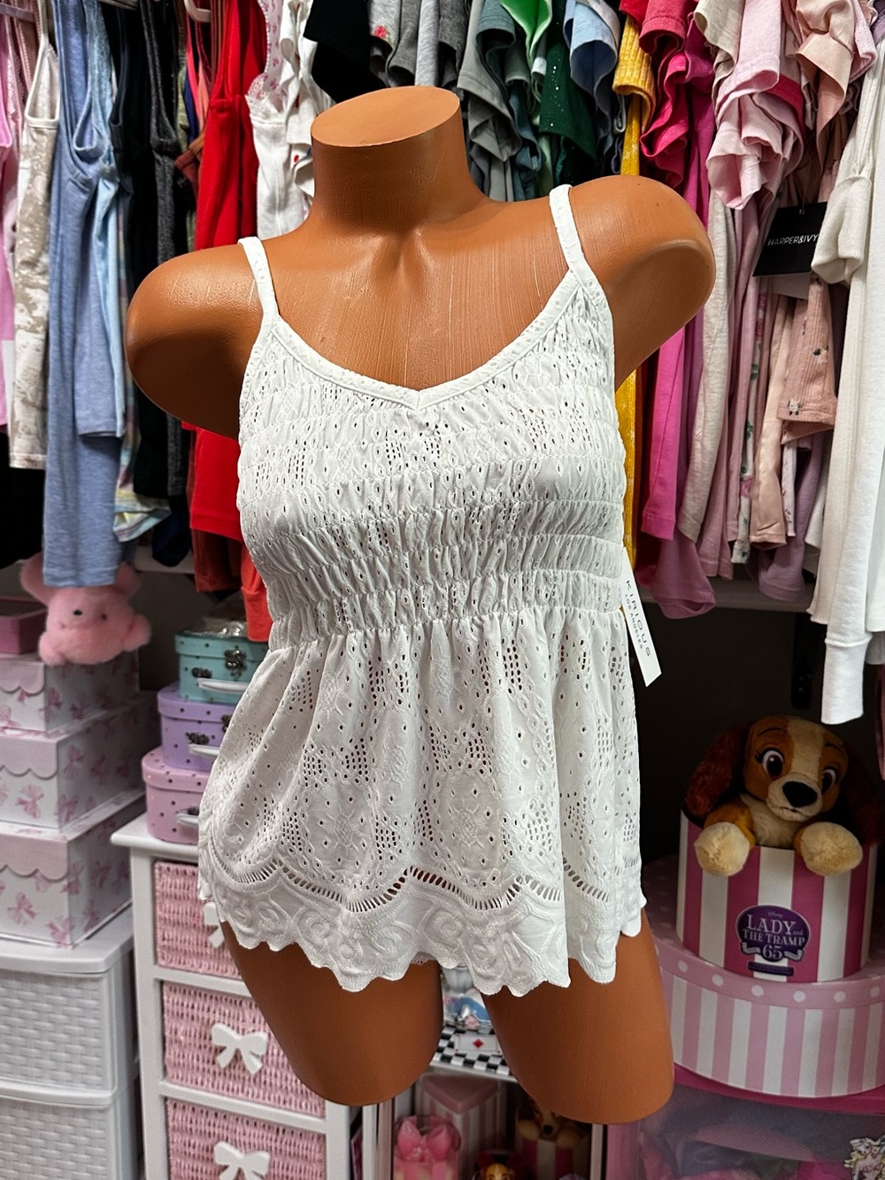 White Eyelet Lace Spaghetti Strap Flowy Tank S